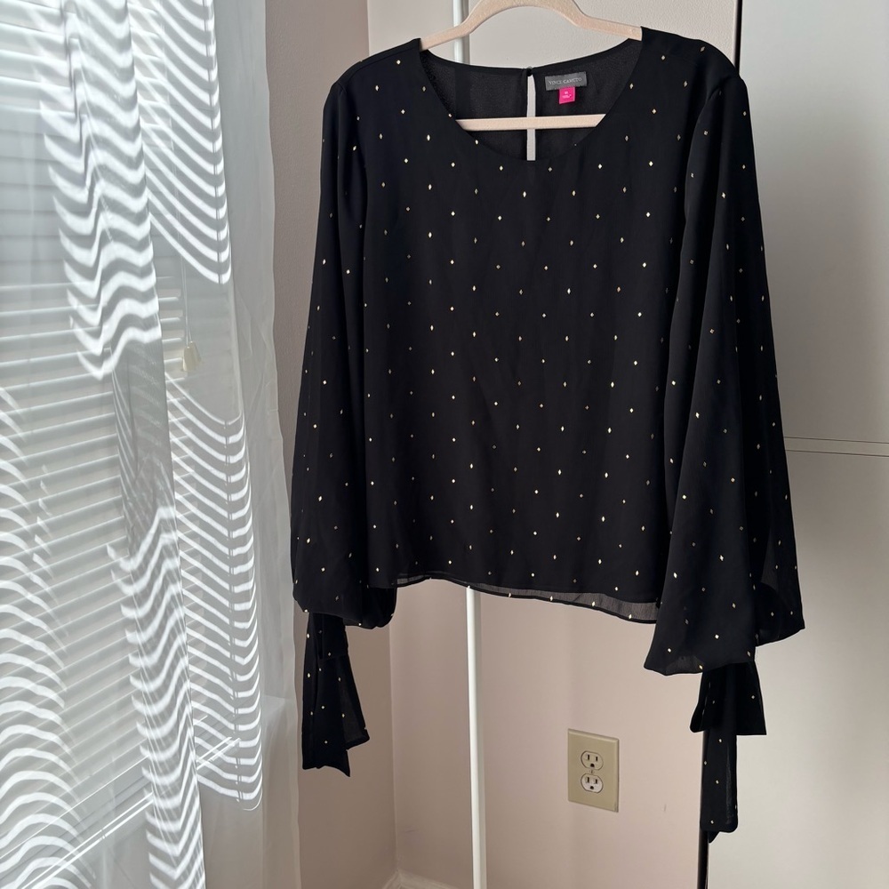 Vince Camuto Black Gold Polka Dot Blouse Tie Sleeve Bell Cuffs Size XL